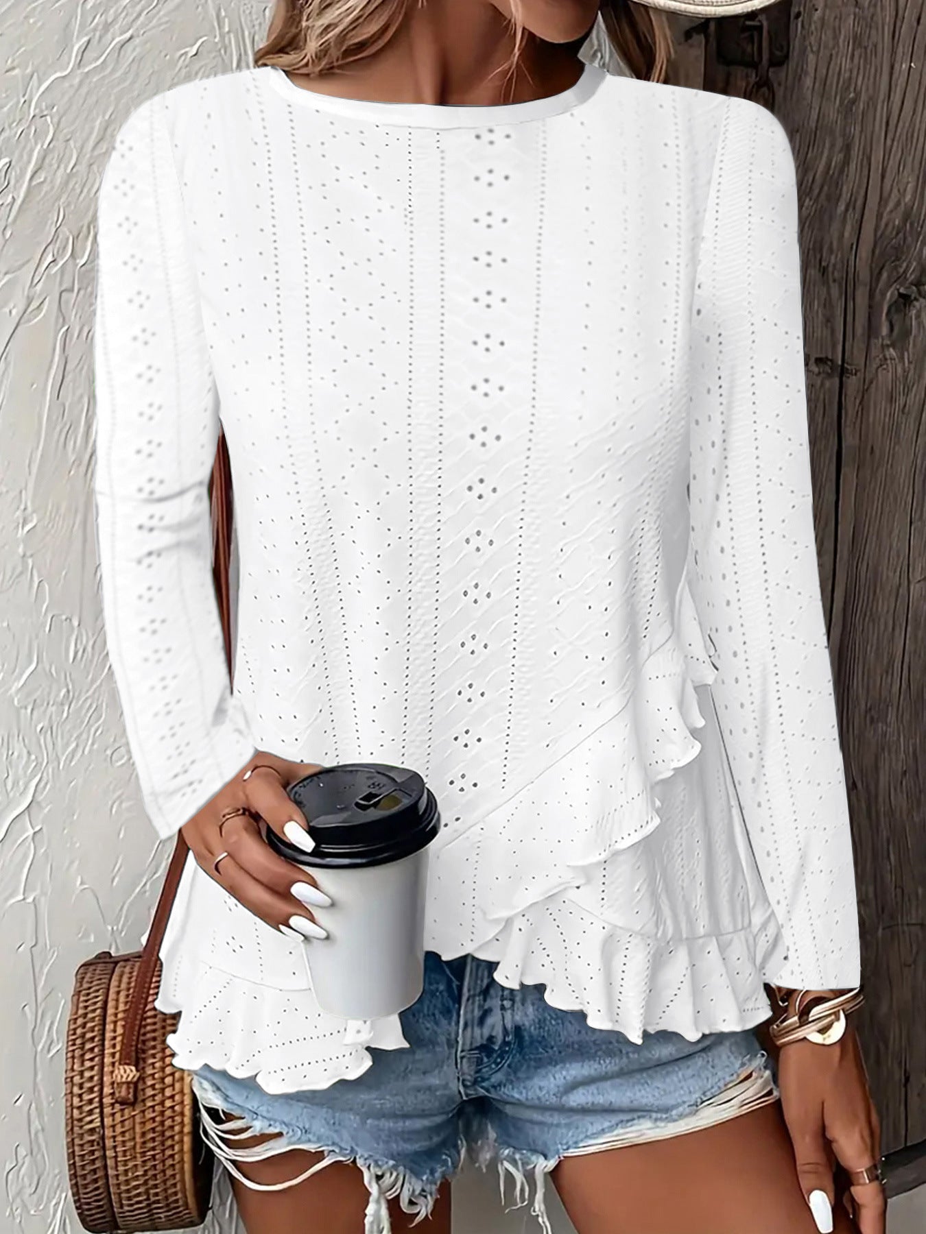 Ladies Elegant and Airy Blouse with Ruffles and Eyelet Pattern Ivyshape