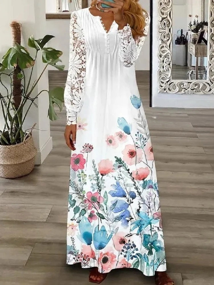 IvyShape | Fashionable European Printed Lace Long Sleeve Dress