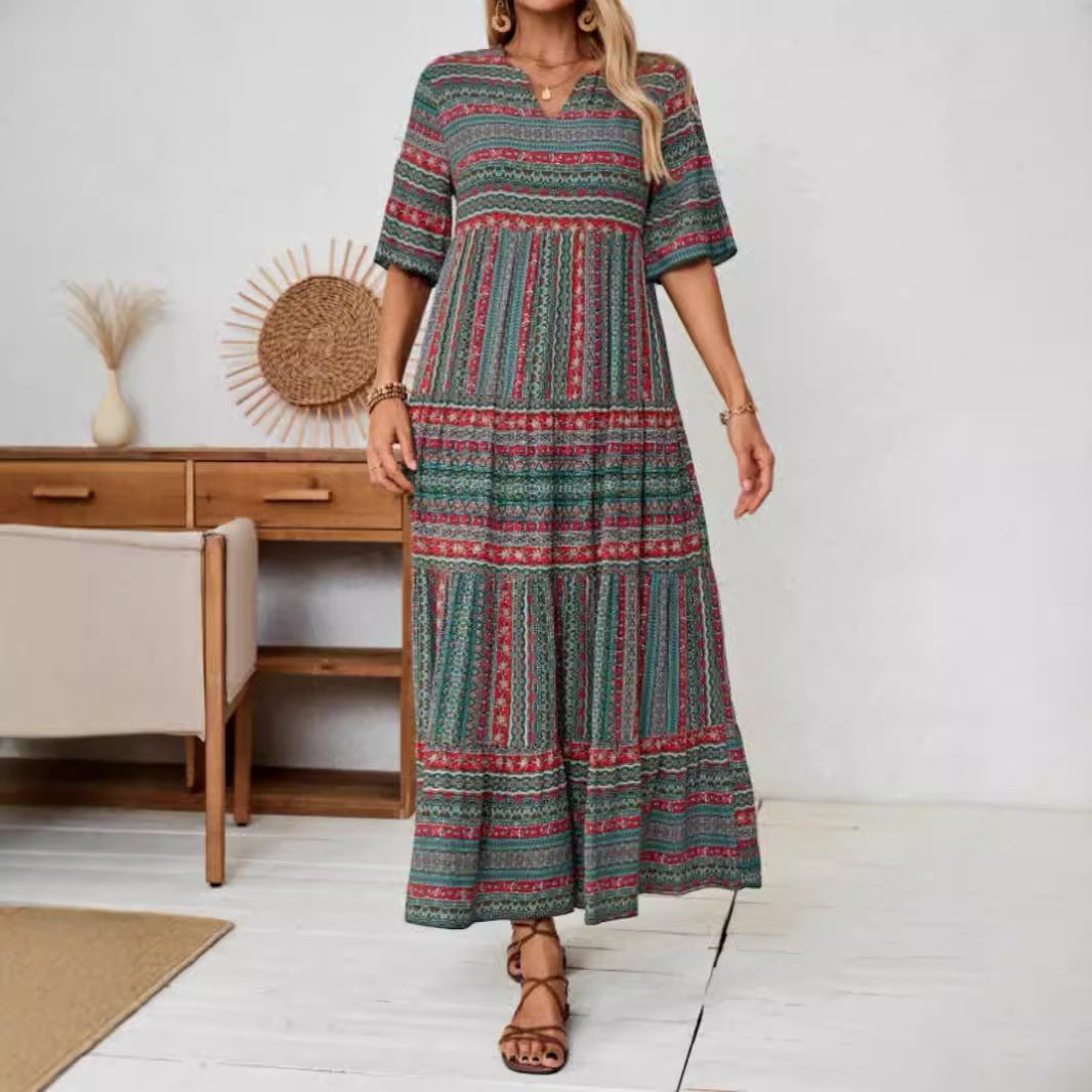 IvyShape | Printed Maxi Bohemian V-Neck Casual Dress