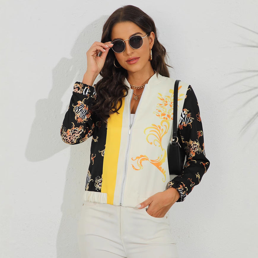 Ladies Floral Pattern Bomber Jacket with Elastic Waistband Ivyshape