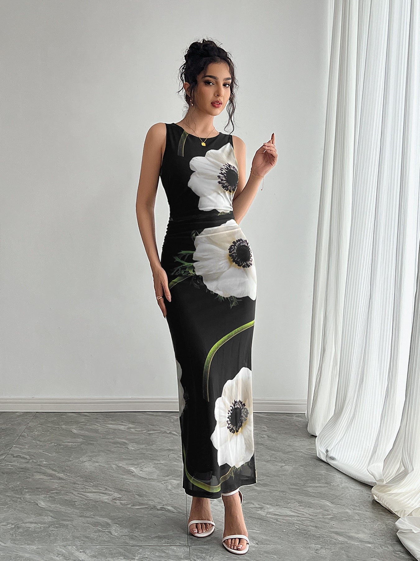 IvyShape | Black Mesh Printed Sleeveless Long Skirt Dress