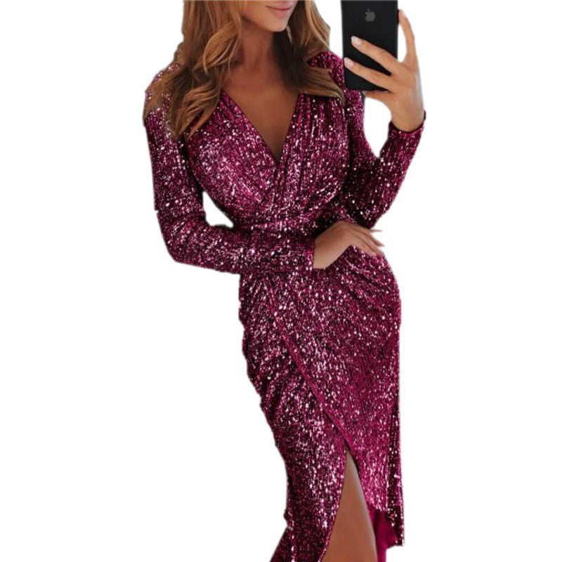 Ladies glamorous wrap dress made of sequins with deep V-neck and side slit Ivyshape