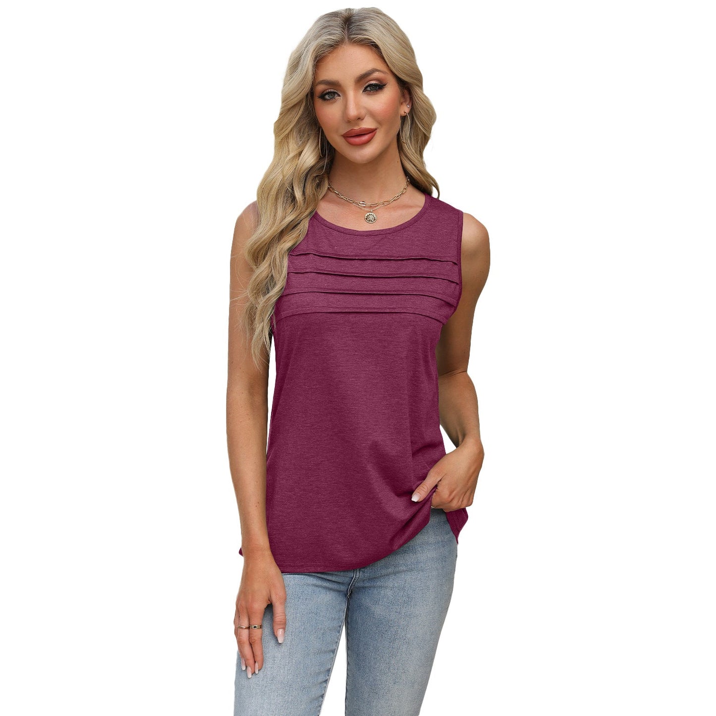 IvyShape | Solid Color U-Neck Pleated Vest T-Shirt