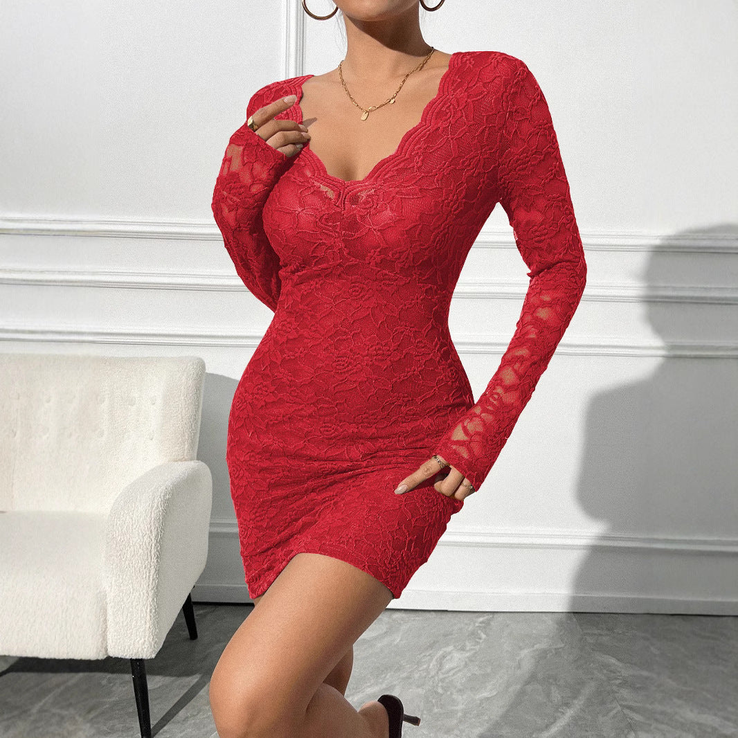 Women's Elegant Lace Dress with Deep V-Neck and Long Sleeve Ivyshape