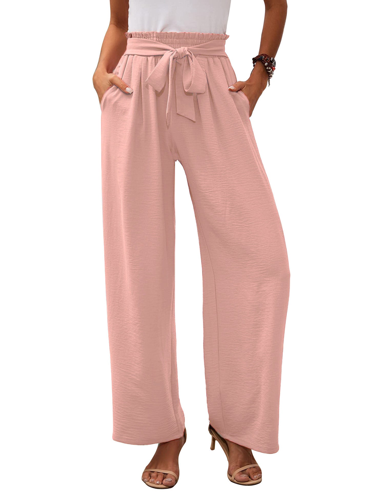 Women's Wide Fabric Trousers with Elastic Waistband and Belt Detail Ivyshape