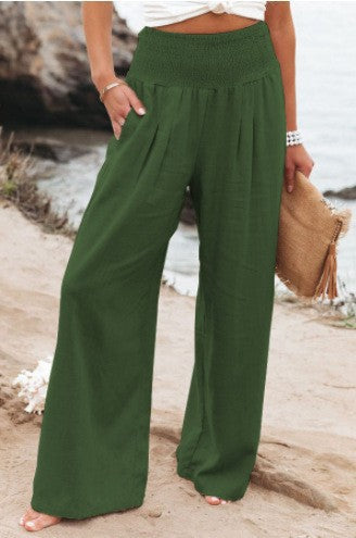 Women wide linen pants with elastic waistband and pleats Ivyshape