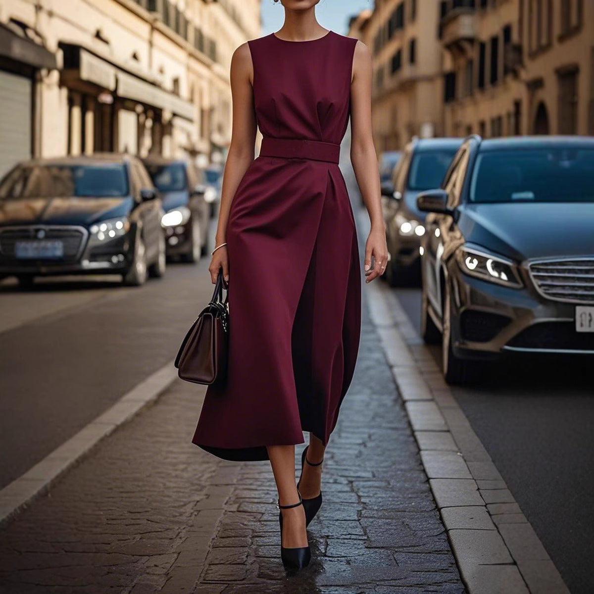 Ladies Elegant and Flowing Maxi Dress with Waist Belt Ivyshape