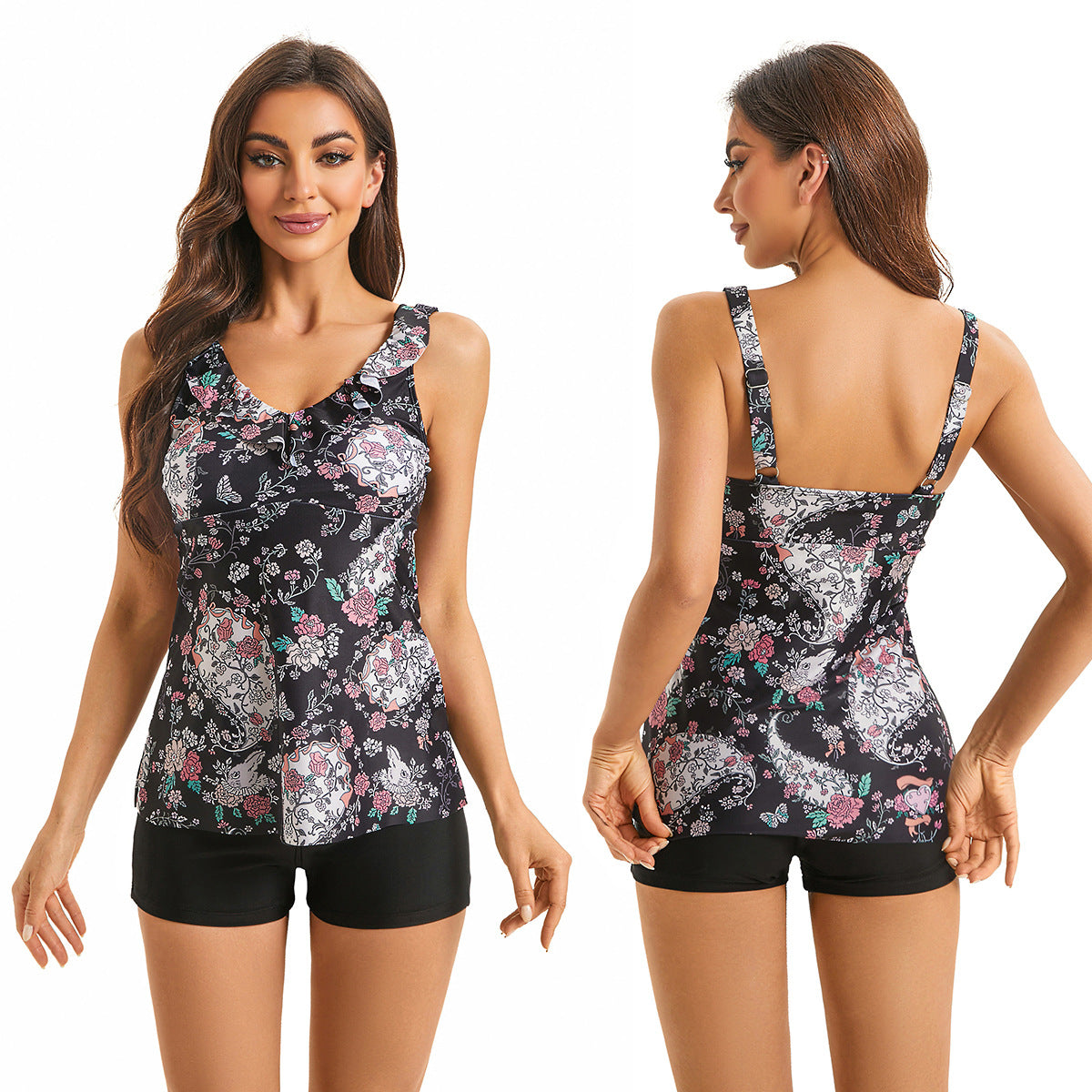 Women's tankini top with playful ruffle design and floral pattern Ivyshape