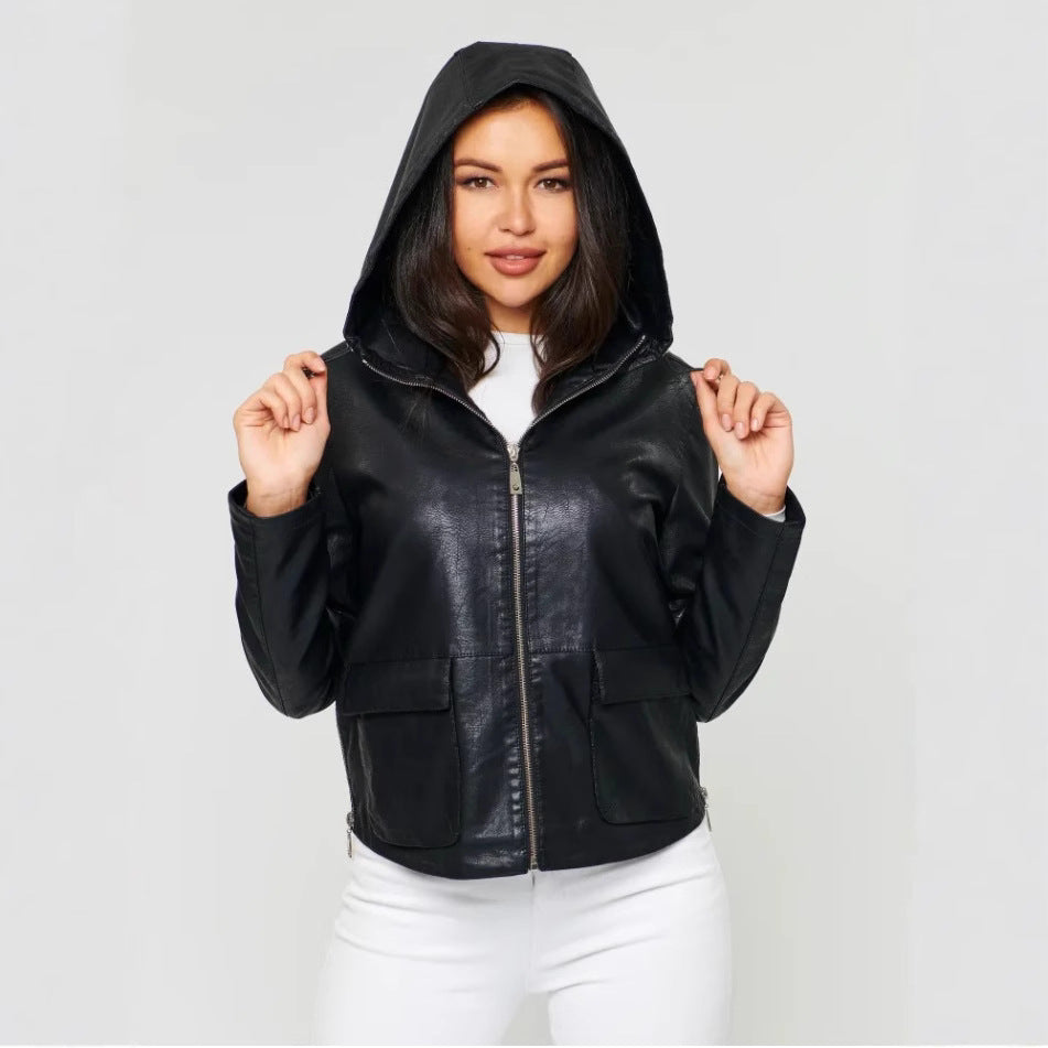 Women Faux Leather Jacket with Attached Hoodie and Practical Pockets Ivyshape