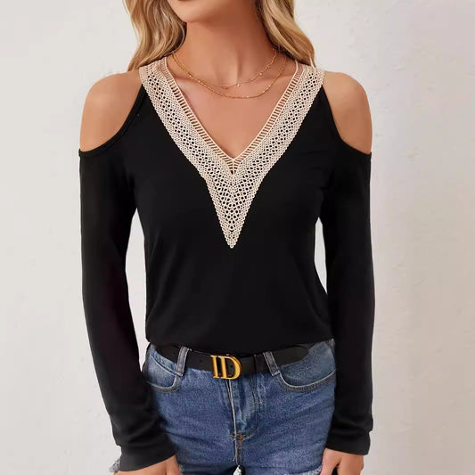 IvyShape | V-Neck Lace Sleeve Hollow Long Sleeve Solid Tee