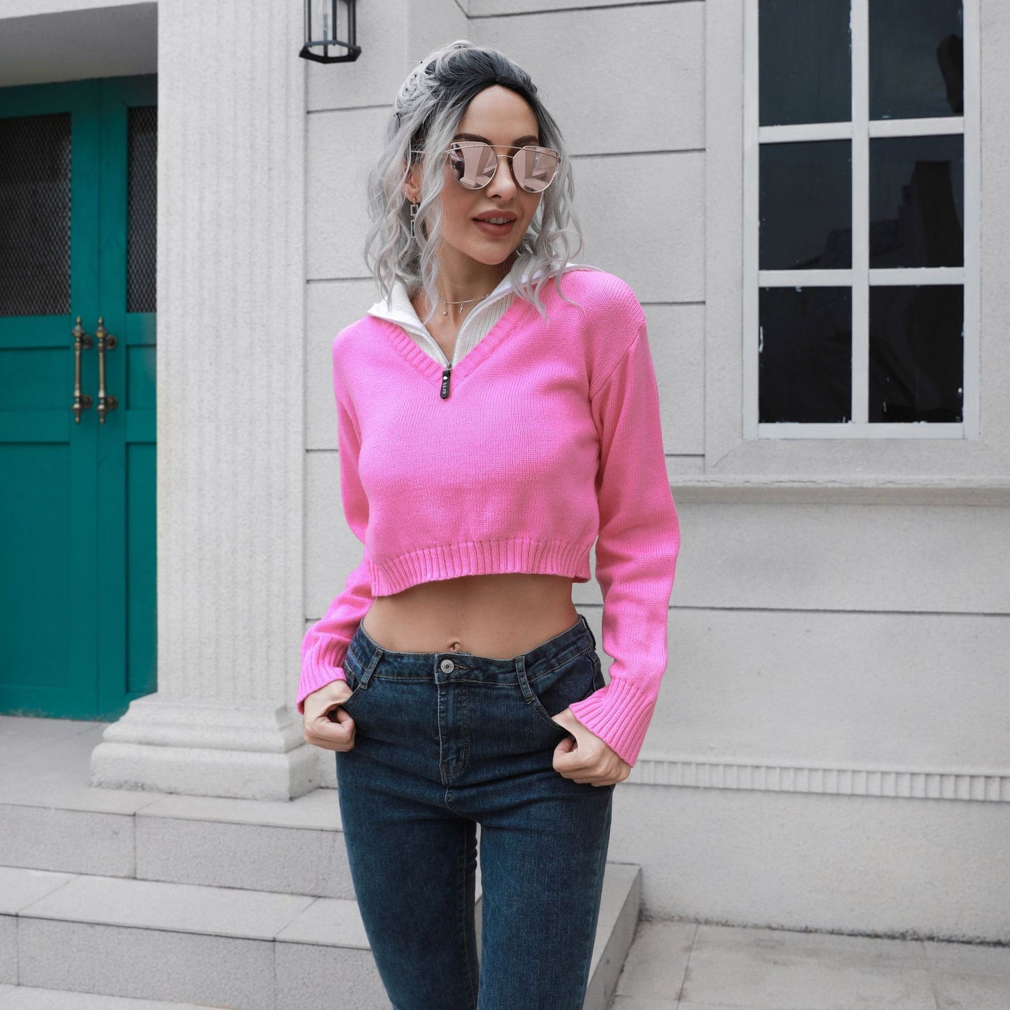 Women's Cropped Sweater with High Collar and Concealed Zipper Ivyshape