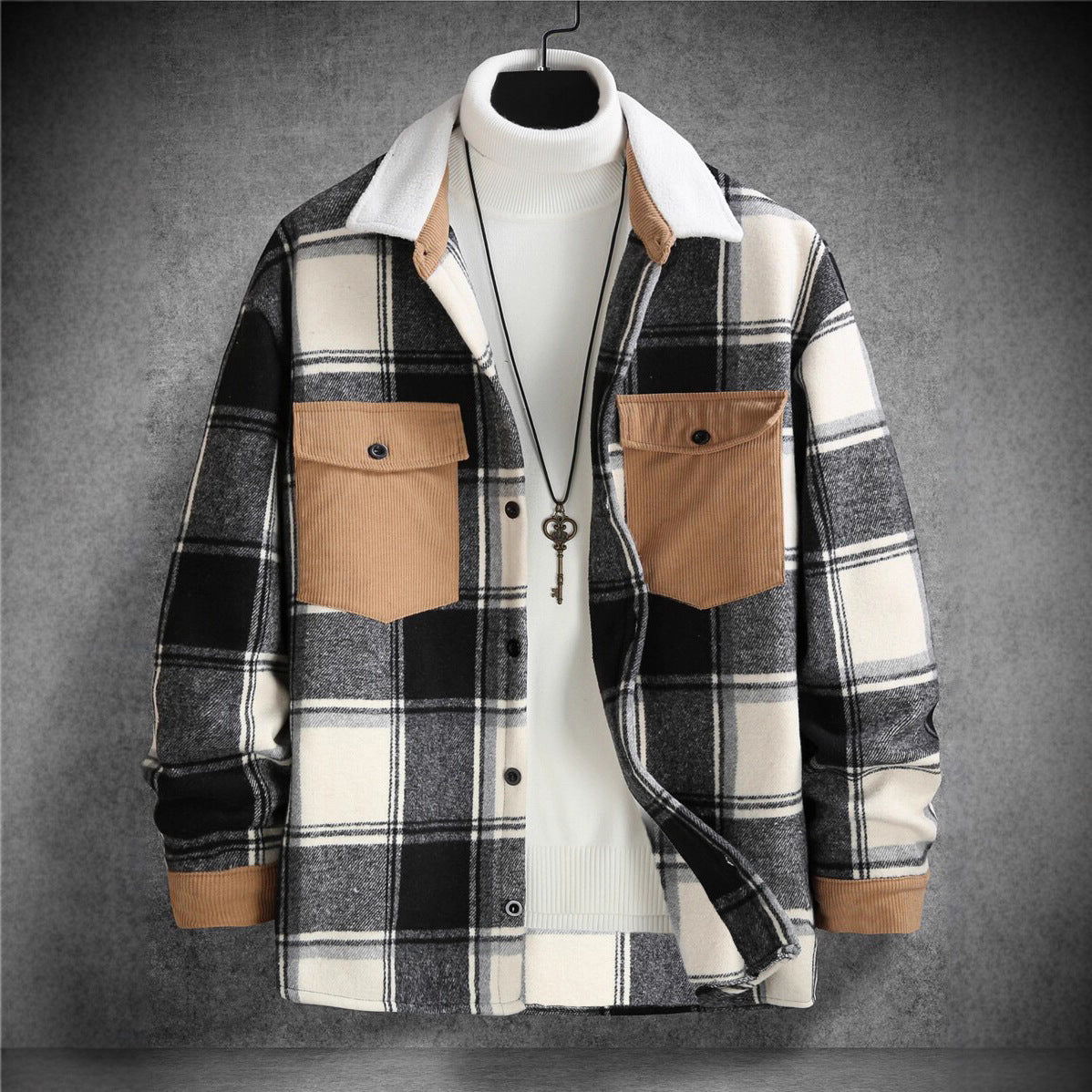 Men's check flannel jacket with two chest pockets and soft collar Ivyshape