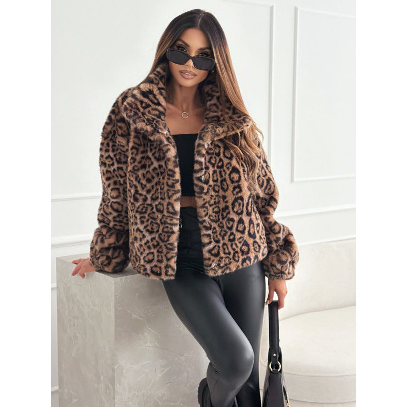 Women Faux Fur Leopard Print Jacket Ivyshape