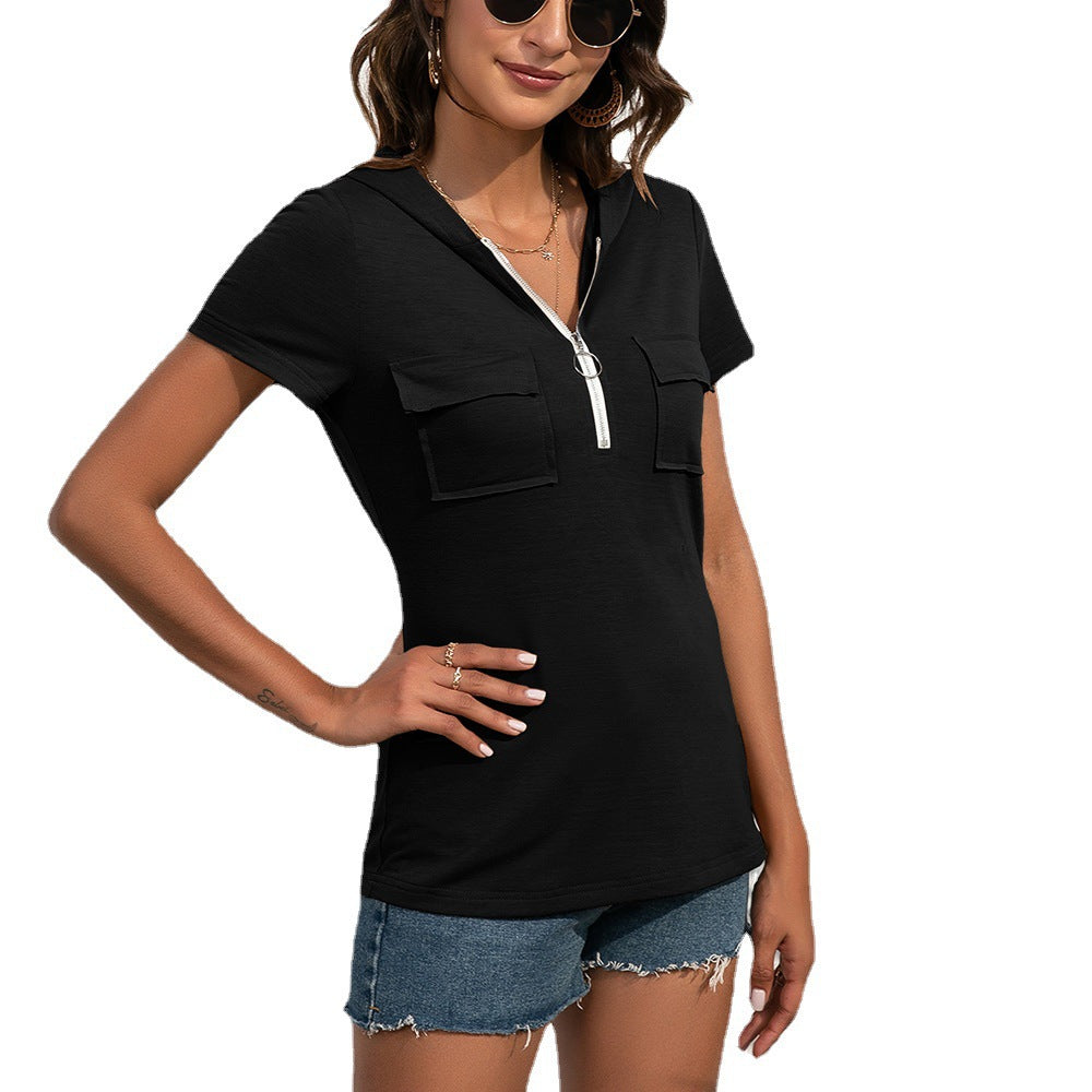 Women's Short Sleeve Hoodie Top with Practical Pockets and Zipper Ivyshape