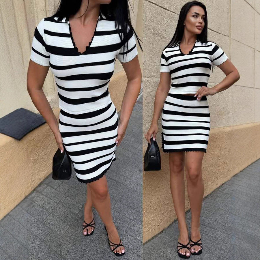 Women’s fashionable striped dress with short sleeves and playful neckline Ivyshape