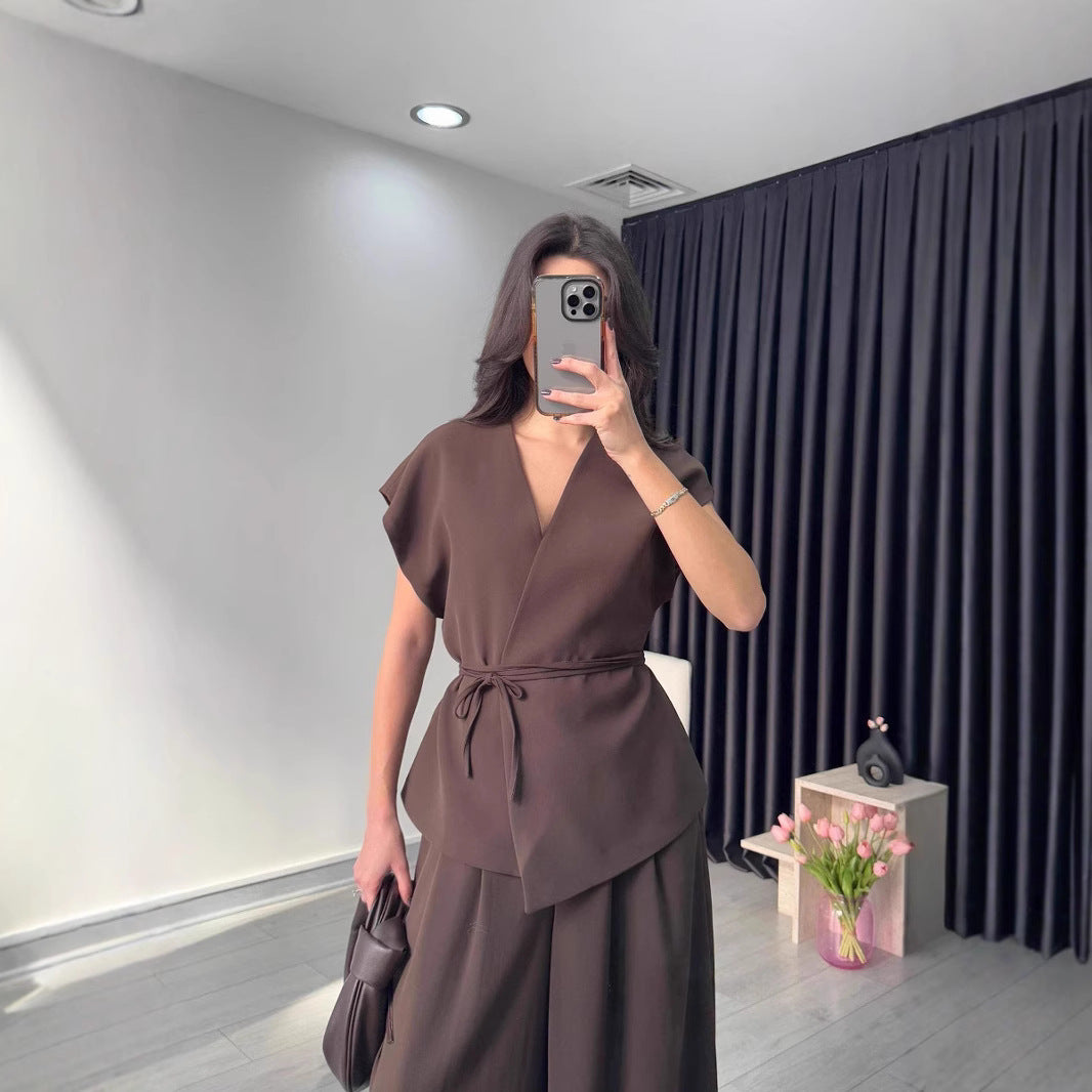 Women Elegant Wrapped Top and Wide Leg Pant Set Ivyshape