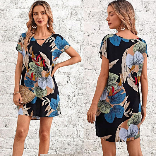 IvyShape | Printed V-Neck Loose Midi Dress