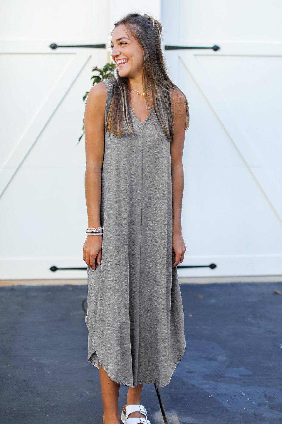 IvyShape | Breezy Summer V-Neck Sleeveless Swing Long Dress