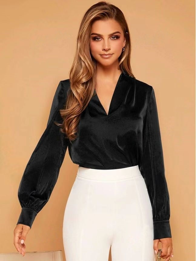 IvyShape | V-Neck Long Sleeve Satin Blouse