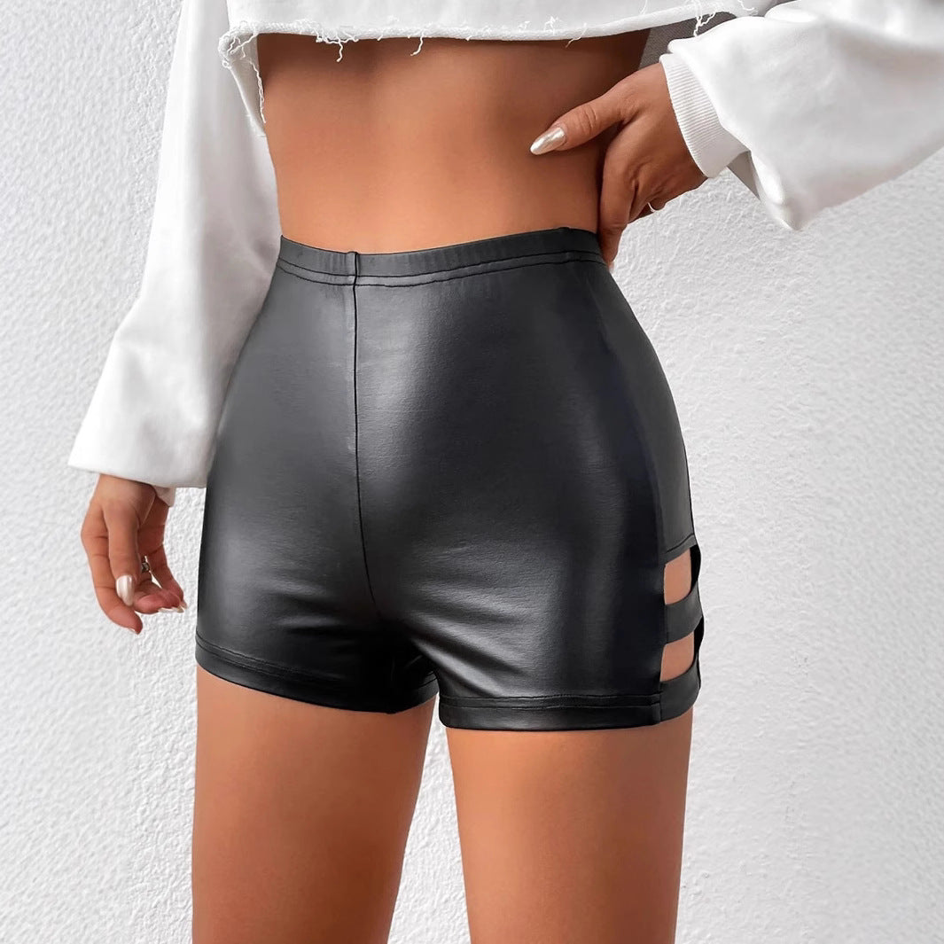 Women Faux Leather High-Waist Shorts with Cut-Out Details Ivyshape