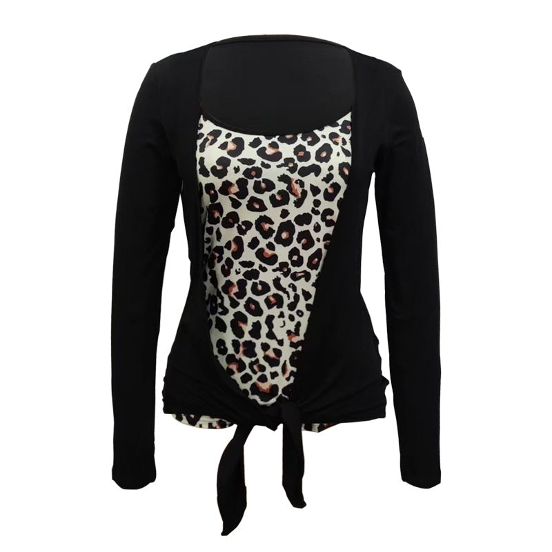 IvyShape | Leopard Print Spliced Faux Two-Piece Long Sleeve Top