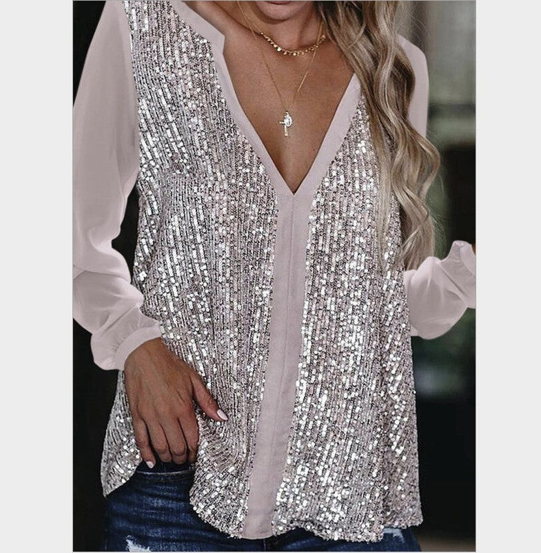 Ladies' fashionable, glamorous top with V-neck and glitter details Ivyshape
