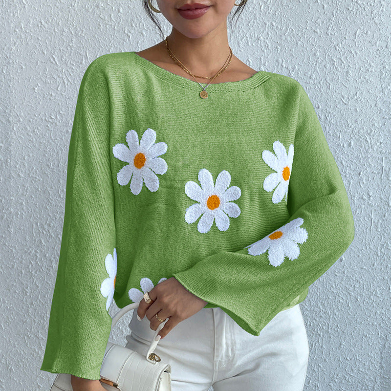 IvyShape | Floral Embroidery One-Shoulder Pullover Sweater