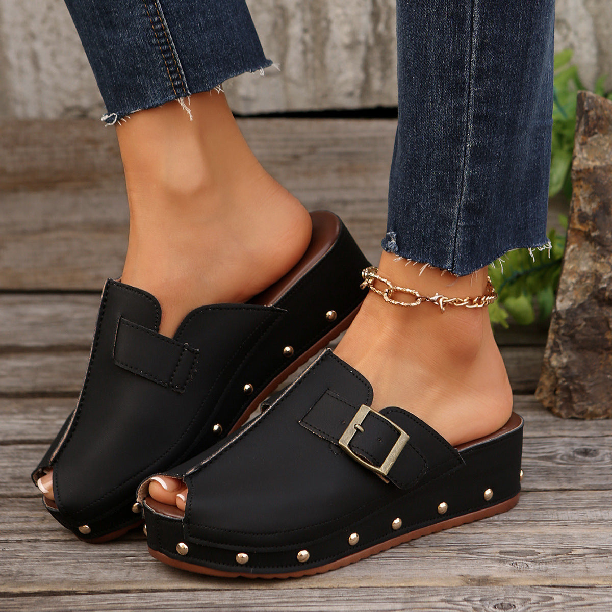 Ladies Wedge Slides with fashionable metal closure and elegant decorative studs Ivyshape