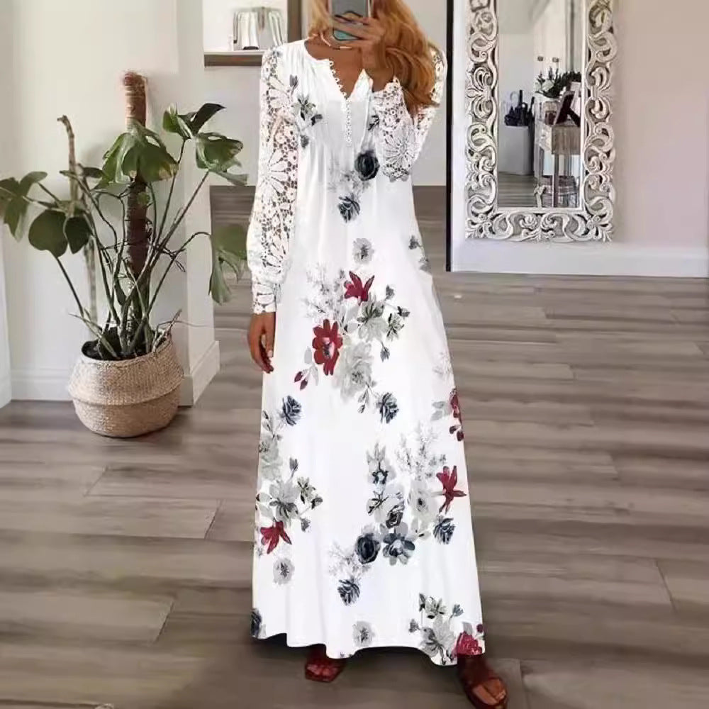 IvyShape | Fashionable European Printed Lace Long Sleeve Dress