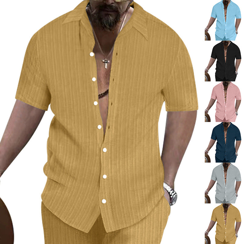 Men's short-sleeve shirt with fine stripes and modern collar Ivyshape