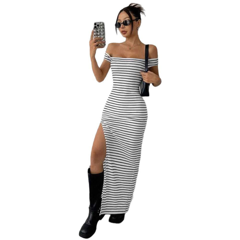 Women Figure-Hugging Dress with Off-Shoulder Neckline and Slit Ivyshape