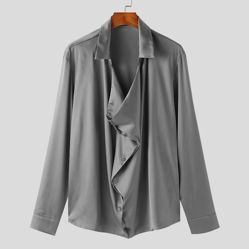 Men's Elegant Long Sleeve Shirt with Draped Button Placket and Silky Finish Ivyshape