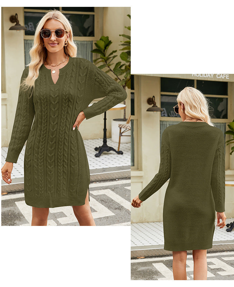 IvyShape | Cable Knit Solid Split Sweater Dress