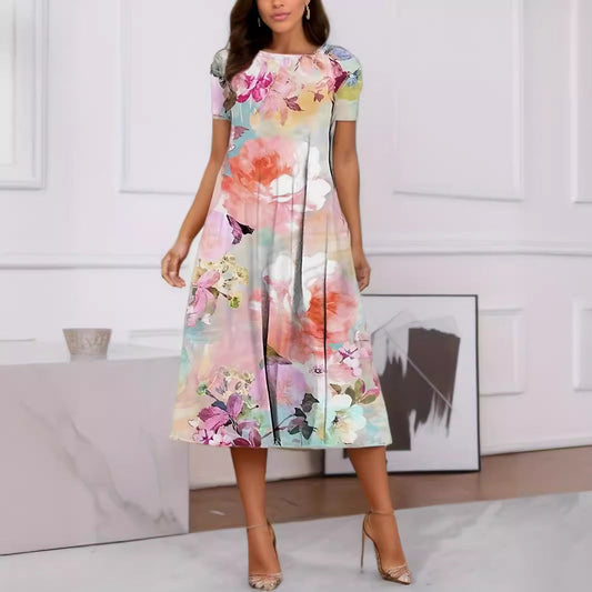 IvyShape | Floral Print Spring Summer Short Sleeve Dress