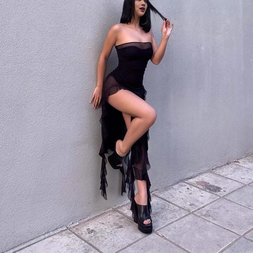 Women Elegant Strapless Maxi Dress with Transparent Ruffles Ivyshape