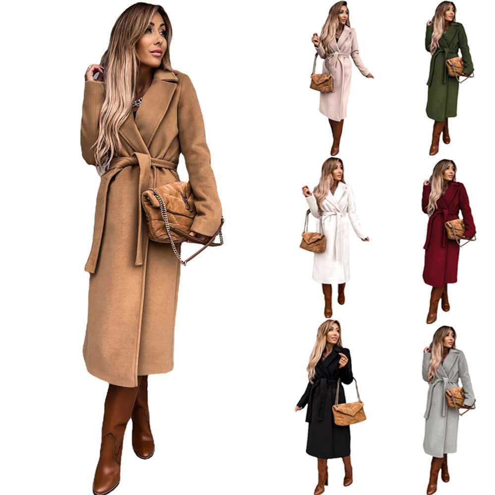 IvyShape | Solid Color Lapel Woolen Trench Coat