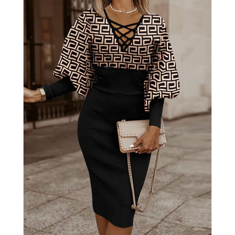 Women's Midi Dress with Geometric Print and Puff Sleeves Ivyshape