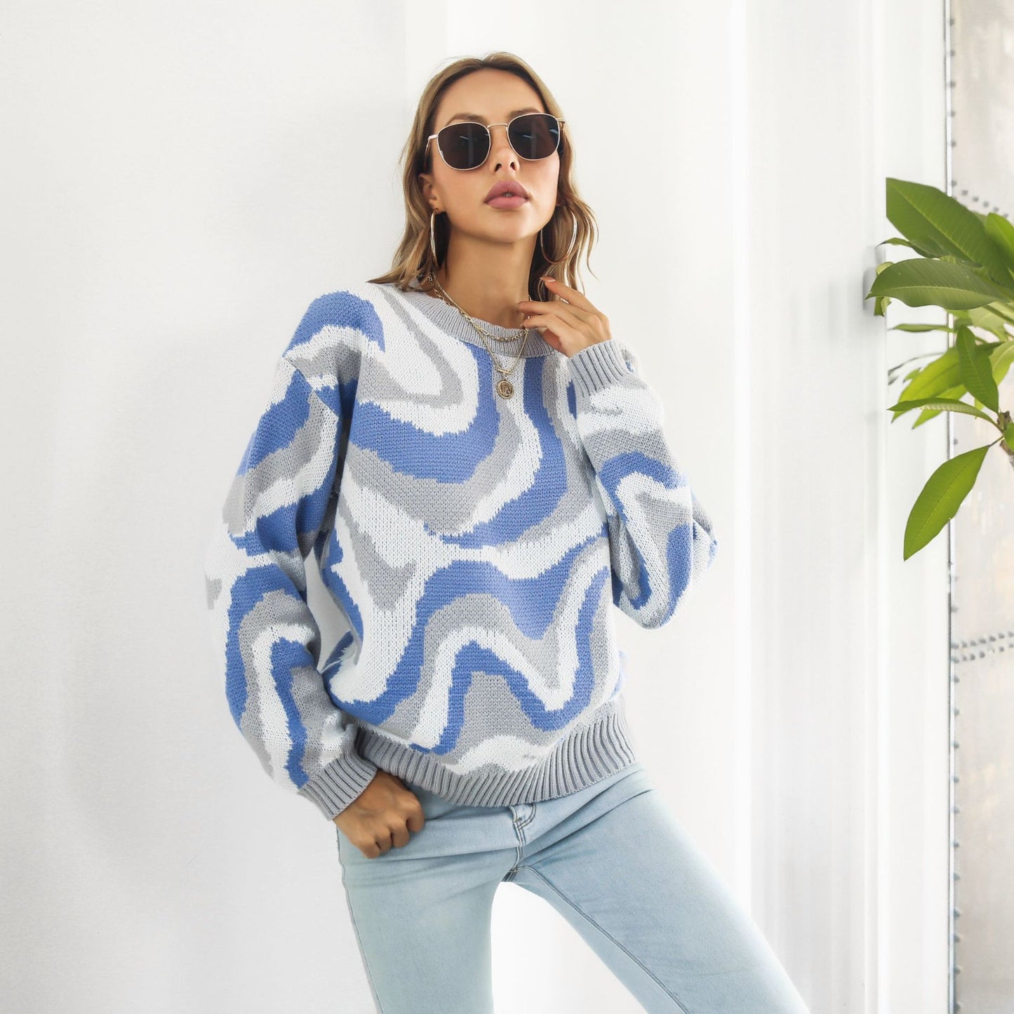 Women's Casual Sweater with Unique Wave Pattern Ivyshape