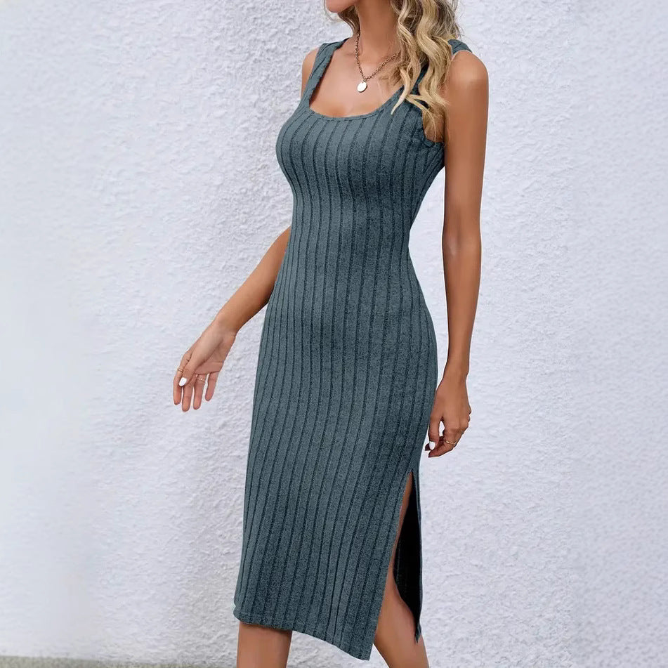 Women's ribbed knit midi dress with side slit Ivyshape