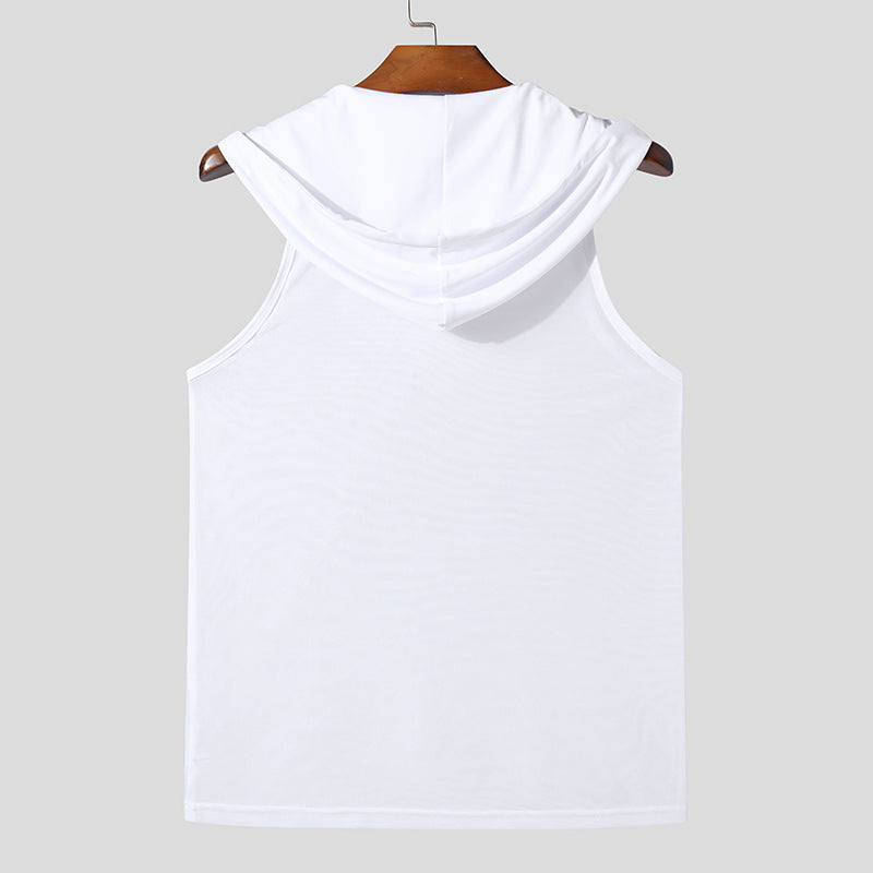 Men's Breathable Sports Tank Top with Hood and Practical Lacing Ivyshape