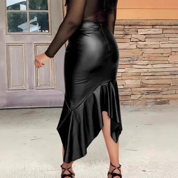 Women Faux Leather Midi Skirt with Asymmetric Hem and Elegant Ruffles Ivyshape
