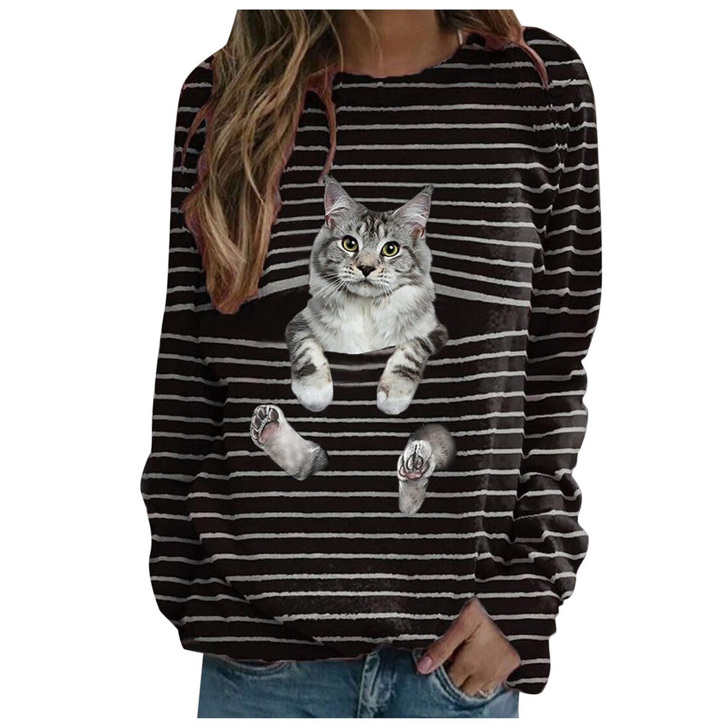 IvyShape | Playful Cat Print Striped Women's T-Shirt