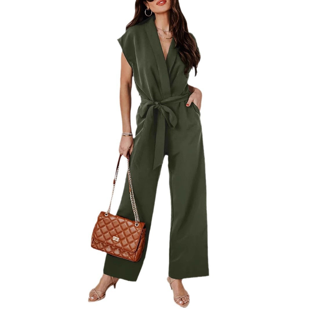 Ladies Elegant Belted Wide Leg Jumpsuit Ivyshape