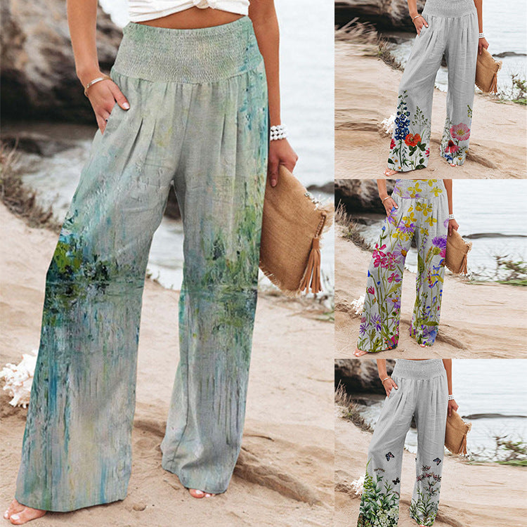 Women's Wide Summer Trousers with Floral Designs and Elastic Waistband Ivyshape
