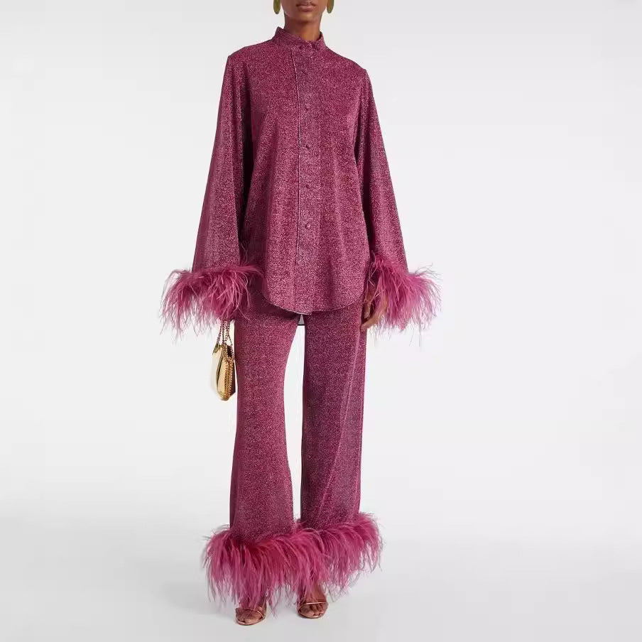 Ivyshape | Autumn Winter Feather Stand Collar Long Sleeve Top And Pants Set