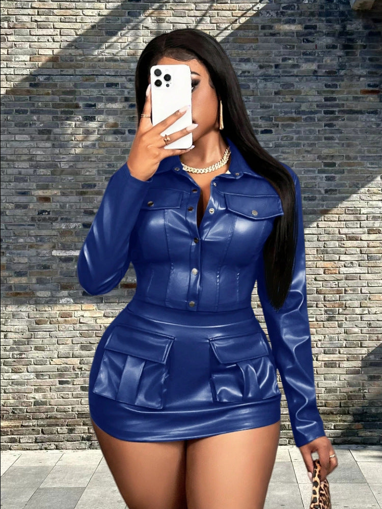 Women Faux Leather Mini Dress with Practical Flap Pockets Ivyshape