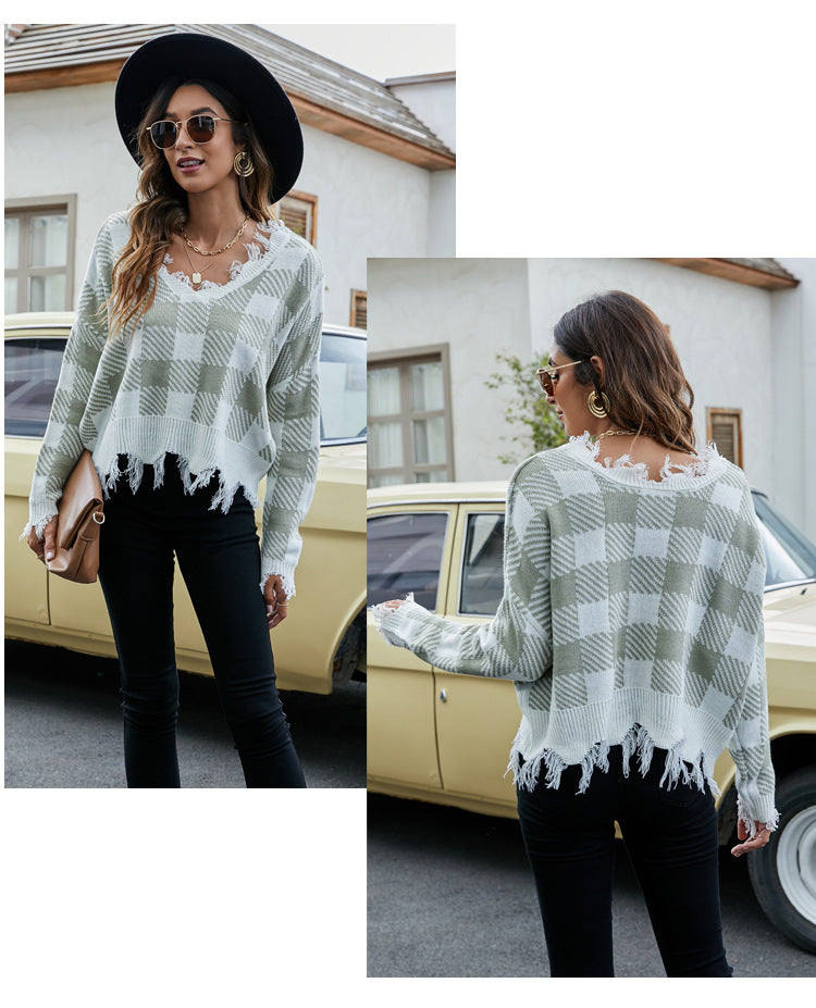 IvyShape | V-neck fringe sweater