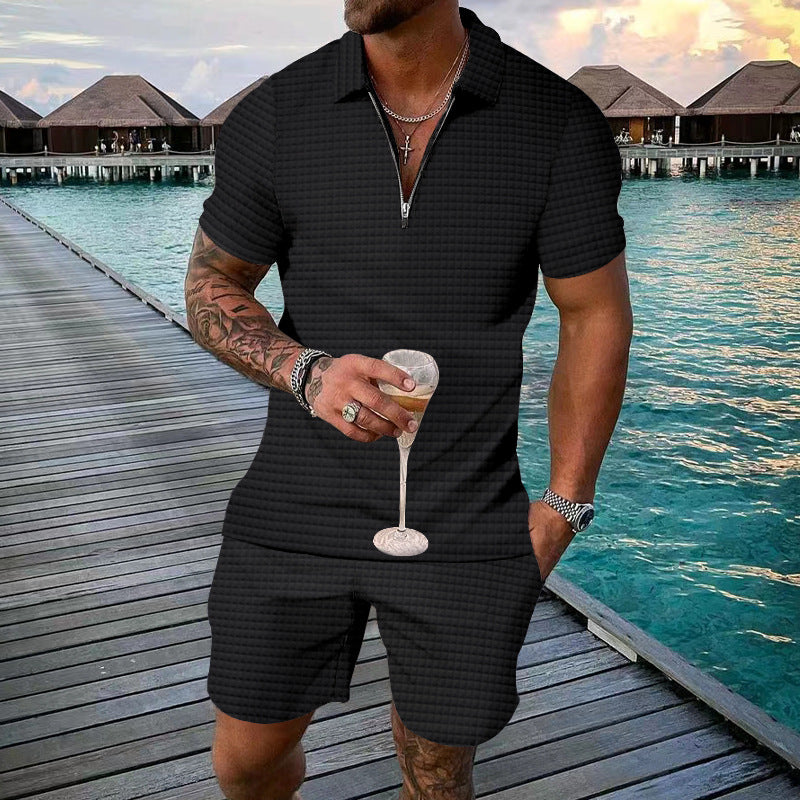 Men's fashionable short sleeve set with narrow collar and practical zipper Ivyshape