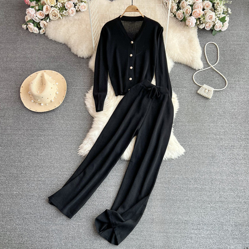 Women's knitted jumpsuit with wide leg and button placket Ivyshape