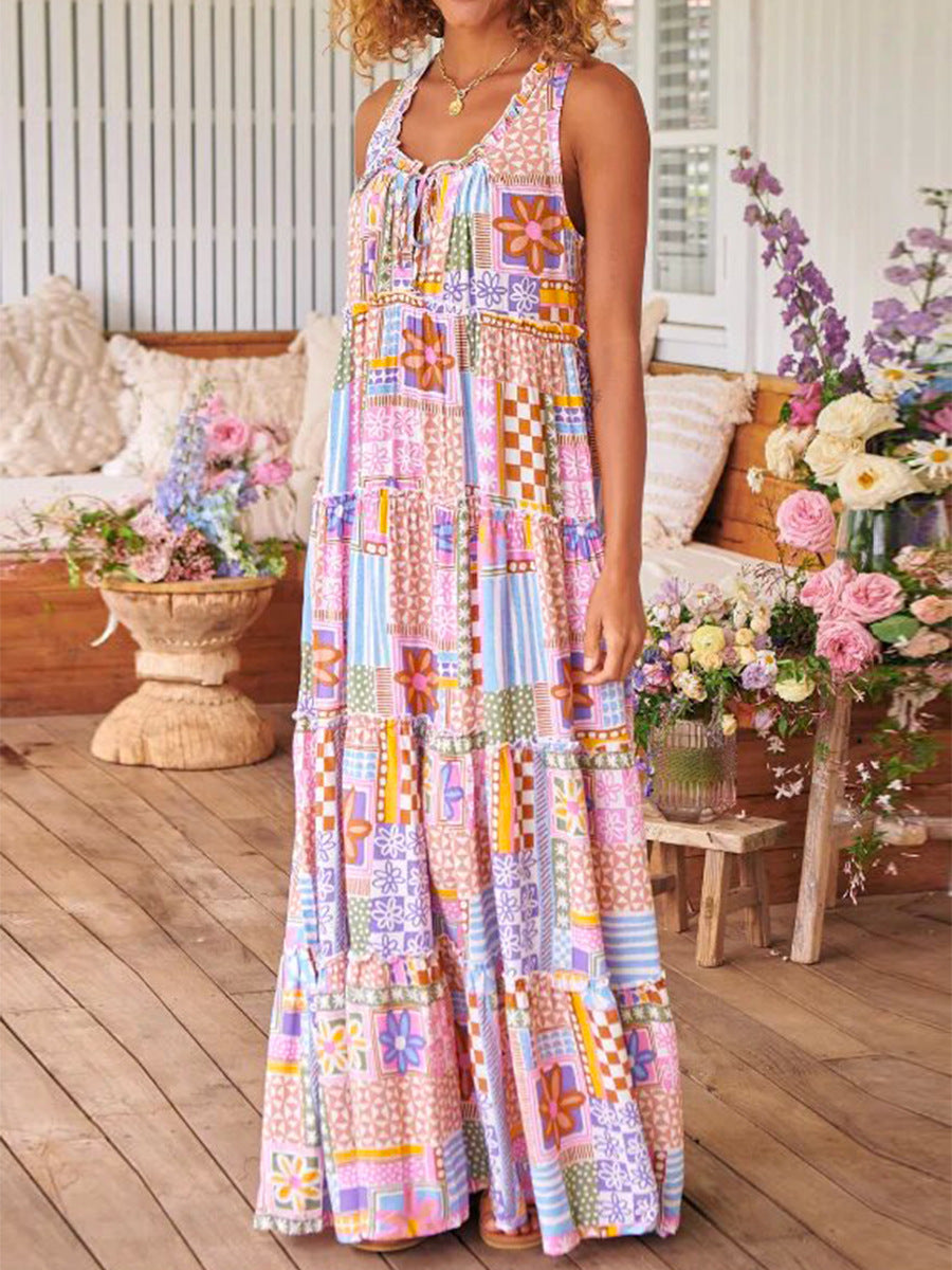 IvyShape | Spring Summer Printed Round Neck Long Dress